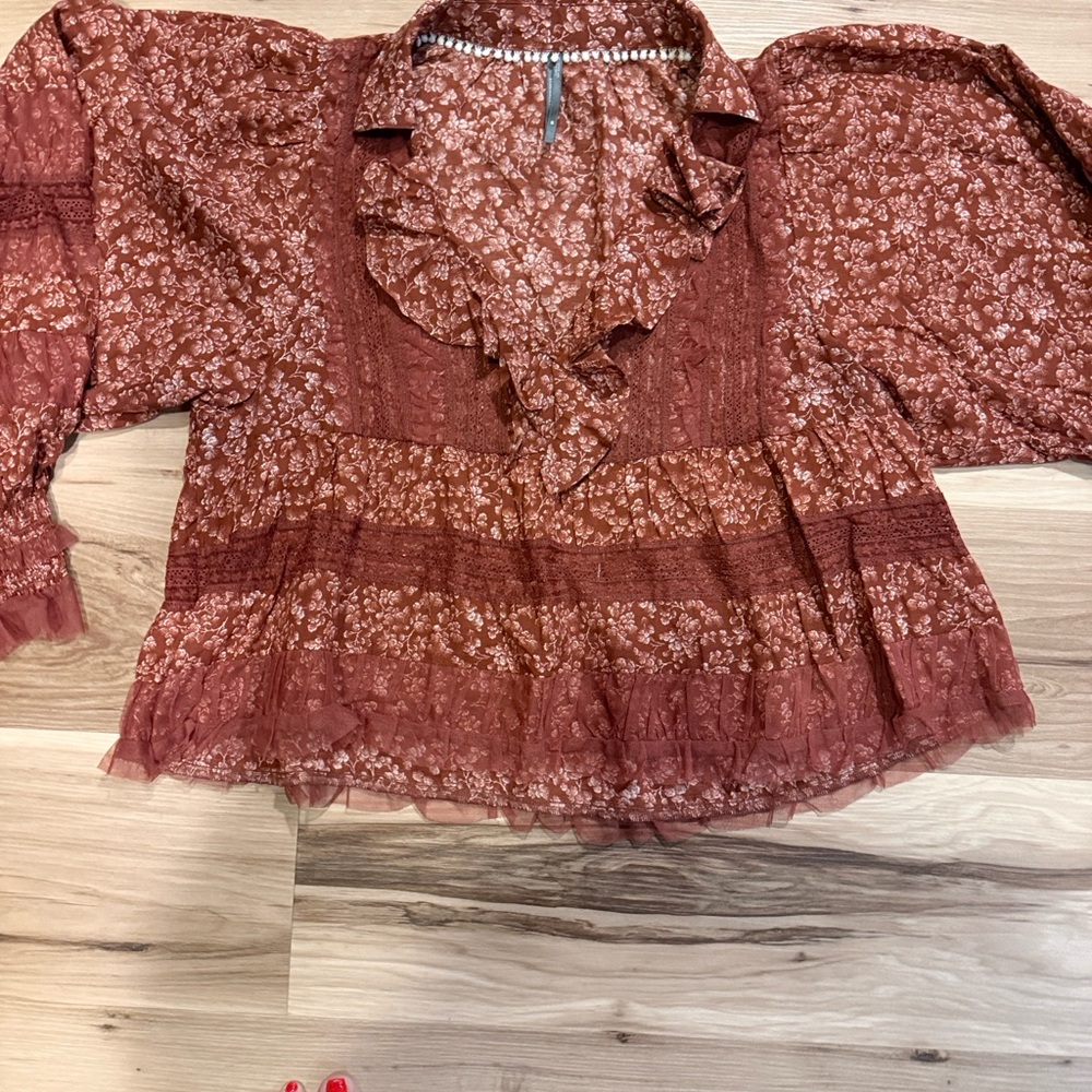 Anthropologie Burgundy Floral Ruffle Blouse - Picture 3 of 8